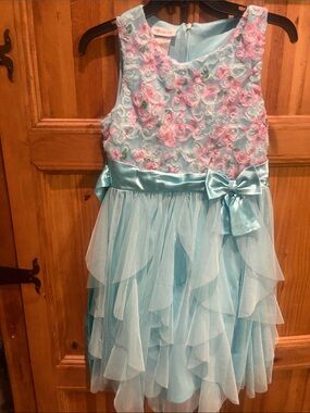 Bonnie Jean Light Blue Floral Appliqué Tulle Party Dress
